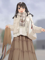 Rule 34 | 1girl, bag, black hair, blurry, blurry background, from below, jacket, long hair, looking at viewer, mattaku mousuke, motion blur, open mouth, original, outdoors, paper bag, scarf, shopping bag, skirt, solo, surprised, sweatdrop, sweater, tearing paper, teeth, upper teeth only, winter clothes