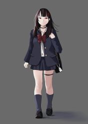 Rule 34 | 1girl, bag, black choker, black jacket, blazer, blue socks, bow, bowtie, breasts, brown hair, charm (object), choker, commentary request, disorder!, expressionless, full body, hair ornament, highres, holding, holding bag, jacket, loafers, medium breasts, miniskirt, original, pleated skirt, red bow, red bowtie, red eyes, school bag, shoes, skirt, socks, solo, thigh strap