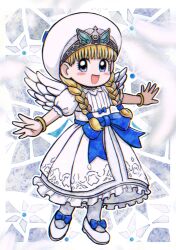 Rule 34 | 1girl, absurdres, angel wings, bangle, blonde hair, blue bow, blue eyes, blunt bangs, blush, bow, bracelet, braid, commentary, dragon quest, dragon quest xi, dress, feathered wings, frilled dress, frills, full body, hat, highres, jewelry, juliet sleeves, long dress, long hair, long sleeves, looking at viewer, low twintails, moyapippi, official alternate costume, open hands, open mouth, outstretched arms, puffy short sleeves, puffy sleeves, short sleeves, smile, solo, standing, twin braids, twintails, veronica (dq11), white dress, white footwear, white hat, white wings, wings