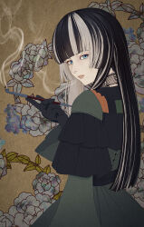Rule 34 | 1girl, absurdres, asakura (asa t77), black gloves, black hair, blue eyes, blunt bangs, choker, commentary request, dress, fine art parody, floral background, from side, gloves, green dress, grey hair, highres, holding, holding smoking pipe, hololive, hololive dev is, juufuutei raden, kiseru, lace, lace choker, long hair, long sleeves, looking at viewer, multicolored hair, nihonga, parody, parted lips, smoke, smoking, smoking pipe, solo, teeth, turning head, two-tone hair, upper body, virtual youtuber, wide sleeves