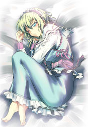 Rule 34 | 1girl, alice margatroid, bad id, bad pixiv id, barefoot, bed sheet, blonde hair, blue eyes, capelet, dress, face, feet, female focus, fetal position, hairband, lying, on side, one eye closed, sash, short hair, solo, tatami (loop), touhou, wrist cuffs