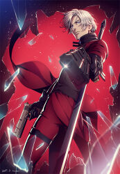 Rule 34 | 1boy, bishounen, black gloves, blue eyes, closed mouth, coat, dante (devil may cry), devil may cry, devil may cry (series), devil may cry 2, ebony &amp; ivory, gloves, gun, handgun, holding, holding weapon, kuren, male focus, pointing gun, pointing weapon, red coat, solo, standing, upper body, weapon, weapon on back, white hair