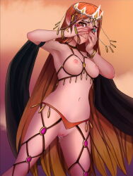 Rule 34 | 1girl, breasts, breasts out, brown eyes, cleft of venus, earth nymph (merge nymphs), hands on own face, highres, looking at viewer, medium breasts, merge nymphs, nymph, official alternate costume, orange hair, pointy ears, pussy, pussy juice, shy, uncensored