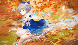 Rule 34 | 1girl, alternate costume, alternate hair color, autumn, autumn leaves, bare shoulders, blue bow, blue dress, blue eyes, blue flower, bow, breasts, cirno, closed mouth, detached collar, dress, flower, grass, grey hair, hair bow, hair flower, hair ornament, highres, ice, ice wings, jq, leaf, looking at viewer, outdoors, petals, ribbon, short hair, small breasts, smile, solo, touhou, tree, white flower, wings