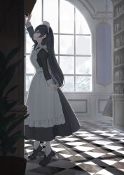 Rule 34 | 1girl, apron, arm up, black eyes, black footwear, black hair, book, bookshelf, checkered floor, closed mouth, commentary request, day, frilled apron, frills, from side, full body, highres, indoors, juliet sleeves, loafers, long hair, long sleeves, looking away, looking up, maid, maid apron, maid headdress, original, pantyhose, plant, potted plant, profile, puffy sleeves, reaching, shadow, shii (kairi-t-k0317), shoes, solo, standing, tile floor, tiles, tiptoes, very long hair, white apron, white pantyhose, window