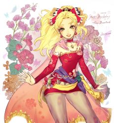Rule 34 | 1990s (style), 1girl, blonde hair, cape, character name, dated, final fantasy, final fantasy vi, flower, green eyes, happy birthday, hashira w, pantyhose, ponytail, signature, solo, tina branford