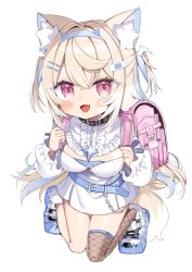Rule 34 | 1girl, aged down, animal ear fluff, animal ears, backpack, bag, belt, black collar, blonde hair, blue belt, blue hair, blush, collar, dog ears, dog girl, dress, fangs, fuwawa abyssgard, fuwawa abyssgard (1st costume), hair ornament, hairpin, highres, hololive, hololive english, long hair, looking at viewer, multicolored hair, noi mine, pink bag, pink eyes, single fishnet legwear, skin fangs, solo, spiked collar, spikes, streaked hair, transparent background, two side up, virtual youtuber, white dress