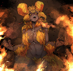 Rule 34 | 1girl, black sclera, blonde hair, breasts, cleavage, colored sclera, colored skin, explosion, goat eyes, grey skin, highres, horns, kulve taroth, large breasts, monster hunter (series), monster hunter: world, navel, nyong nyong, open mouth, personification, saliva, scales, sharp teeth, solo, teeth, yellow eyes