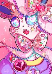 Rule 34 | :o, bandaid, blue eyes, candy, clothed pokemon, commentary, creature, creatures (company), decora, english commentary, face, fangs, flufflixx, food, game freak, gen 6 pokemon, heart, highres, lollipop, nintendo, no humans, pink background, poke ball, poke ball (basic), poke ball print, pokemon, pokemon (creature), rainbow, signature, simple background, solo, sparkle, star (symbol), sylveon