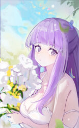 Rule 34 | 1girl, absurdres, blunt bangs, breasts, cleavage, closed mouth, commentary request, dress, fern (sousou no frieren), flower, goguhaku, highres, large breasts, long hair, looking at viewer, pout, purple eyes, purple hair, solo, sousou no frieren, strap slip, upper body, white dress, white flower