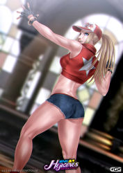 Rule 34 | 1girl, ass, attack, baseball cap, blonde hair, blue eyes, breasts, clenched hand, clenched teeth, fatal fury, fingerless gloves, genderswap, genderswap (mtf), ggg85, gloves, hat, highres, large breasts, legs, long hair, ponytail, shiny skin, short shorts, shorts, sideboob, snk, snk heroines: tag team frenzy, solo, teeth, terry bogard, the king of fighters