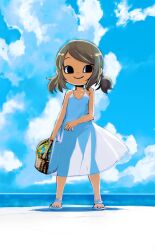 Rule 34 | 1girl, basket, black eyes, brown hair, cloud, dress, feet, full body, highres, muramasa mikado, original, outdoors, sandals, see-through silhouette, short hair, sly, smile, solo, standing, sundress, toes, twintails, white dress