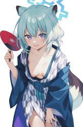Rule 34 | 1girl, absurdres, animal ears, bath yukata, blue archive, blue halo, blue nails, blush, breasts, collarbone, cowboy shot, fingernails, green hair, hair between eyes, halo, hand fan, highres, holding, holding fan, japanese clothes, kan&#039;yu (citron 82), kimono, long sleeves, looking at viewer, medium breasts, nail polish, official alternate costume, open mouth, paper fan, purple eyes, shigure (blue archive), shigure (hot spring) (blue archive), short hair, simple background, solo, tail, uchiwa, weasel ears, weasel tail, white background, wide sleeves, yukata