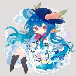 Rule 34 | 1girl, absurdres, alternate hairstyle, black footwear, black hat, blue hair, blue skirt, blush, boots, bow, bowtie, buttons, center frills, closed mouth, commentary, frilled skirt, frills, fruit hat ornament, full body, hat, hat ornament, highres, hinanawi tenshi, knee boots, long hair, looking at viewer, low twintails, nikorashi-ka, peach hat ornament, puffy short sleeves, puffy sleeves, rainbow order, red bow, red bowtie, red eyes, shirt, short sleeves, skirt, solo, symbol-only commentary, touhou, twintails, white shirt