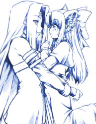 Rule 34 | 00s, 2girls, animal ears, arms around waist, blue theme, bow, cat ears, cea se, crossover, fate/stay night, fate (series), hair bow, hug, len (tsukihime), long hair, looking at another, medusa (fate), medusa (rider) (fate), monochrome, multiple girls, nervous, square pupils, sweatdrop, tsukihime, wide-eyed