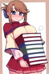 Rule 34 | 1girl, blue eyes, blush, book, breast rest, breasts, cape, carried breast rest, carrying, closed mouth, cowboy shot, dot nose, hair ornament, hair up, hairclip, holding, holding book, komaki manaka, kwaejina, large breasts, light smile, outside border, pleated skirt, red cape, red skirt, school uniform, serafuku, shy, sidelocks, skirt, solo, standing, to heart (series), to heart 2