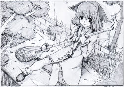 Rule 34 | 1girl, against wall, animal ears, black border, border, branch, broom, closed mouth, dated, dog ears, dress, fence, graphite (medium), grass, greyscale, hands up, highres, holding, kasodani kyouko, key frame, loafers, long sleeves, looking at viewer, makicha (sasurainopink), monochrome, scan, shoes, short hair, sitting, smile, solo, touhou, traditional media