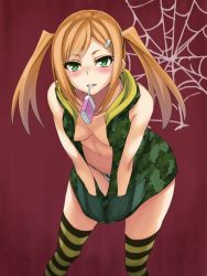 Rule 34 | 1girl, bare shoulders, blonde hair, blush, breasts, breasts apart, camouflage, downblouse, drink, drinking straw, extended downblouse, gradient hair, green eyes, green thighhighs, grin, hair ornament, hairclip, hands in pockets, hanging breasts, hood, hood down, hoodie, itoshige kirue, juice box, lace, lace-trimmed panties, lace trim, leaning forward, long hair, mouth hold, multicolored hair, navel, no bra, no pants, open clothes, open hoodie, panties, pocket, red background, scrunchie, sengoku aky, sidelocks, silk, simple background, sleeveless, smile, solo, spider web, standing, string panties, striped clothes, striped thighhighs, swept bangs, thighhighs, twintails, underwear, white panties, youkai shoujo - monsuga, zettai ryouiki