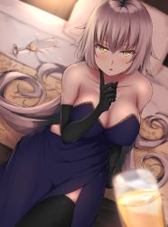 Rule 34 | 1girl, :o, alcohol, arm support, bare shoulders, bed, black gloves, black thighhighs, blue dress, blurry, blush, breasts, champagne, champagne flute, cleavage, collarbone, commentary request, cup, depth of field, dress, drinking glass, elbow gloves, fate/grand order, fate (series), finger to cheek, from above, gloves, hair between eyes, hand up, highres, indoors, jeanne d&#039;arc (fate), jeanne d&#039;arc alter (avenger) (fate), jeanne d&#039;arc alter (fate), large breasts, long hair, looking at viewer, looking up, official alternate costume, on bed, pillow, pov, primamiya, sidelocks, silver hair, sitting, solo, strapless, strapless dress, thighhighs, tsurime, v-shaped eyebrows, very long hair, yellow eyes