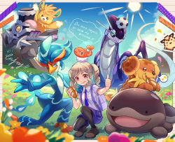 Rule 34 | 1girl, :q, absurdres, backpack, bag, ball, blonde hair, brown footwear, clodsire, cloud, collared shirt, commentary request, creatures (company), dachsbun, day, eating, english text, falling petals, flower, food, food on face, game freak, grass, highres, holding, holding food, janis (hainegom), juliana (pokemon), miraidon, necktie, nintendo, on head, outdoors, pantyhose, pawmot, petals, pokemon, pokemon (creature), pokemon on head, pokemon sv, purple eyes, purple necktie, purple shorts, quaquaval, revavroom, sandwich, shirt, shoes, shorts, sky, soccer ball, sparkle, speech bubble, sprite, squatting, tatsugiri, tatsugiri (curly), thumbs up, tongue, tongue out, twintails, twitter username