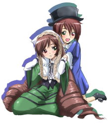 Rule 34 | 00s, 2girls, blush, bow, brown hair, corset, curly hair, dress, drill hair, frills, green dress, green eyes, hat, heterochromia, long hair, long sleeves, multiple girls, open mouth, red eyes, ribbon, rozen maiden, shoes, short hair, siblings, simple background, sisters, smile, souseiseki, suiseiseki, top hat, toryuu, twin drills, twins, twintails