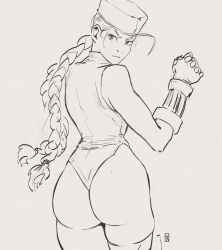 1girl ass braid braided_ponytail cammy_white cowboy_shot from_behind gauntlets hat highleg highleg_leotard highres joy_boy leotard looking_at_viewer looking_back monochrome serious sketch street_fighter