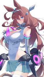Rule 34 | 1girl, absurdres, ahoge, animal ears, bare shoulders, between breasts, blue eyes, blush, breasts, brown hair, closed mouth, commentary request, covered navel, cowboy shot, detached sleeves, grey skirt, groin, hair between eyes, hair ornament, hairclip, highleg, highleg leotard, highres, horse ears, horse girl, horse tail, large breasts, leotard, long hair, long sleeves, looking at viewer, mihono bourbon (umamusume), miniskirt, necktie, necktie between breasts, parted lips, partial commentary, pink necktie, silver hairband, simple background, skirt, smile, solo, tail, thighhighs, umamusume, white background, white leotard, white thighhighs, yuuri (sinjitu-no-yukue)