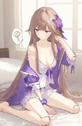Rule 34 | 1girl, ai-assisted, blush, brown hair, commentary, doll joints, embarrassed, flower, hair flower, hair ornament, herta (honkai: star rail), highres, honkai: star rail, honkai (series), jacket, joints, long hair, on bed, pillow, poki (j0ch3fvj6nd), purple eyes, purple flower, purple jacket, purple scrunchie, scrunchie, shirt, shorts, sleepwear, solo, strap slip, very long hair, white shirt, white shorts, window