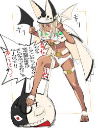Rule 34 | 1girl, anger vein, angry, barefoot, belt bra, blonde hair, breasts, cape, cleavage, creature, dark-skinned female, dark skin, expressionless, full body, grabbing another&#039;s wing, guilty gear, guilty gear xrd, hat, highres, long hair, navel, orange eyes, pain, pout, ramlethal valentine, short shorts, shorts, sketch, stepped on, tetsu (kimuchi), thigh strap, toes, translation request, wings