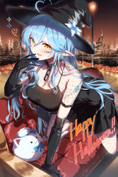 Rule 34 | 1girl, :d, absurdres, ahoge, all fours, black gloves, black hat, blue hair, blush, breasts, chain, cityscape, cleavage, collar, couch, creature, elbow gloves, elf, eshineko, facial mark, fang, fishnet legwear, fishnets, gloves, gradient sky, hand up, happy halloween, hat, heart, heart ahoge, highres, hololive, lamppost, large breasts, long hair, looking at viewer, on couch, open mouth, orange sky, pointy ears, pumpkin, short sleeves, sky, smile, solo, very long hair, virtual youtuber, witch hat, yellow eyes, yukihana lamy