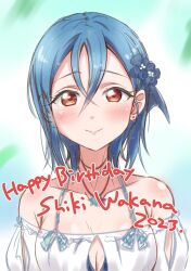 Rule 34 | 1girl, birthday, blue hair, blush, breasts, character name, ckst, cleavage, collarbone, commentary, earrings, english text, flower, hair flower, hair ornament, happy birthday, highres, jewelry, looking at viewer, love live!, love live! superstar!!, medium breasts, orange eyes, short hair, smile, solo, upper body, wakana shiki
