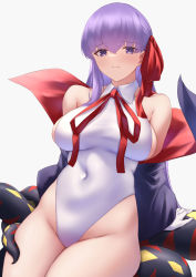Rule 34 | 1girl, absurdres, bare shoulders, bb (fate), bb (fate) (all), bb (swimsuit mooncancer) (fate), bb (swimsuit mooncancer) (third ascension) (fate), black coat, blush, breasts, coat, fate/grand order, fate (series), gloves, hair ribbon, highleg, highleg leotard, highres, large breasts, leotard, long hair, looking at viewer, neck ribbon, okuma707, open clothes, open coat, popped collar, purple eyes, purple hair, red ribbon, ribbon, sitting, smile, solo, tentacles, thighs, very long hair, white gloves, white leotard