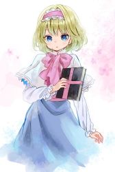 Rule 34 | 1girl, alice margatroid, ama-tou, belt, blonde hair, blue eyes, blush stickers, book, book stack, bow, capelet, eyelashes, floral background, frills, grimoire, grimoire of alice, hairband, highres, holding, holding book, long sleeves, looking at viewer, sanpaku, short hair, skirt, solo, touhou, tsurime