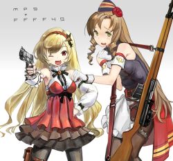 Rule 34 | 2girls, arm warmers, belt, beretta 92, black legwear, blonde hair, blush, bow, breasts, brown hair, character name, commentary request, dress, drill hair, drill sidelocks, fang, fn-49, fn-49 (girls&#039; frontline), frilled dress, frills, girls&#039; frontline, gloves, green eyes, gun, hair ornament, hairband, handgun, hat, kesomaru, layered skirt, long hair, looking at viewer, m9 (girls&#039; frontline), multiple girls, open mouth, pantyhose, red dress, red eyes, ribbon, rifle, sidelocks, simple background, skirt, small breasts, smile, weapon, white gloves, white skirt