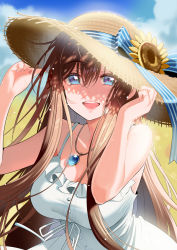 Rule 34 | 1girl, :d, arm up, bare arms, bare shoulders, blue eyes, bow, breasts, brown hair, brown hat, cleavage, collarbone, commentary request, day, dress, flower, frilled dress, frills, hair between eyes, hand on headwear, hand up, hat, hat bow, hat flower, highres, jewelry, long hair, looking at viewer, medium breasts, open mouth, original, outdoors, pendant, piyopoyo, sleeveless, sleeveless dress, smile, solo, straw hat, striped, striped bow, sunflower, very long hair, yellow flower