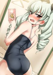 Rule 34 | 10s, 1girl, anchovy (girls und panzer), ass, ayuayu (shouyu no sato), blush, brown eyes, clothes hanger, drill hair, eyebrows, from behind, girls und panzer, green hair, hair between eyes, highres, looking at viewer, looking back, mirror, selfie, shiny skin, solo, sweat, swimsuit, twintails