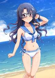 Rule 34 | 1girl, adjusting hair, beach, bikini, black-framed eyewear, black hair, blue bow, blue neckerchief, blue sailor collar, blue sky, blush, bow, breasts, brown eyes, cleavage, cloud, collarbone, commentary request, day, glasses, gluteal fold, hair ornament, hairclip, hand up, highres, idolmaster, idolmaster million live!, legs, long hair, looking at viewer, medium breasts, navel, neckerchief, ocean, outdoors, rocktaso co ltd, sailor collar, sailor swimsuit (idolmaster), sky, smile, solo, striped bow, swimsuit, takayama sayoko, thighs, v-shaped eyebrows, wavy hair, white bikini