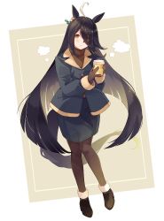 Rule 34 | 1girl, ahoge, animal ears, black hair, black pantyhose, black skirt, blush, brown gloves, buttons, closed mouth, coffee cup, cup, disposable cup, full body, gloves, hair over one eye, holding, holding cup, horse ears, horse girl, horse tail, long hair, long sleeves, manhattan cafe (umamusume), pantyhose, shakemi (sake mgmgmg), skirt, solo, tail, umamusume, yellow eyes