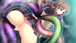 Rule 34 | 1girl, aotonbo, ass, braid, brown hair, censored, clothed sex, dutch angle, from behind, game cg, girl on top, legs, long hair, looking back, lying, monster girl, mosaic censoring, no panties, ohanabatakerun, penis, pussy, red eyes, school uniform, sex, single braid, sitting, sitting on person, skirt, thighs, unzipped, vaginal, xx of the dead