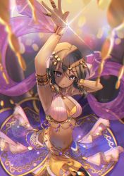 Rule 34 | 1girl, arabian clothes, arm up, armlet, armpits, bandeau, bare shoulders, belt, bracelet, breasts, cleavage, closed mouth, commentary, dancer, dark-skinned female, dark skin, earrings, gold trim, halterneck, harem outfit, highres, idolmaster, idolmaster cinderella girls, idolmaster cinderella girls starlight stage, jewelry, looking at viewer, meisa work, midriff, natalia (idolmaster), navel, necklace, purple eyes, purple skirt, ring, see-through, short hair, skirt, solo, standing