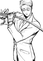 Rule 34 | 1boy, 96gomaice, absurdres, fingerless gloves, formal, gloves, goggles, highres, holding, holding sword, holding weapon, jujutsu kaisen, long sleeves, male focus, monochrome, nanami kento, parted lips, short hair, solo, standing, suit, sword, weapon