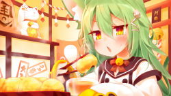 Rule 34 | 1girl, akashi (azur lane), animal ears, azur lane, bell, black sailor collar, blush, buttons, cat ears, cat girl, chestnut mouth, chopsticks, commentary request, dot nose, double-breasted, double vertical stripe, dress, eating, eyelashes, fang, food request, green hair, hair between eyes, hair ornament, half-closed eyes, holding, holding chopsticks, indoors, jingle bell, jitome, koha, long hair, long sleeves, maneki-neko, open mouth, parted bangs, ringed eyes, sailor collar, shide, sitting, sleeve cuffs, solo, steam, sweatdrop, torii, translation request, upper body, v-shaped eyebrows, wavy hair, white dress, yellow eyes