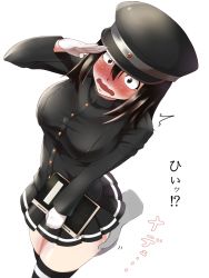Rule 34 | !?, 10s, 1girl, akitsu maru (kancolle), ass, ass grab, black eyes, black hair, black thighhighs, blush, breasts, female focus, full-face blush, gloves, grabbing another&#039;s ass, groping, hat, highres, kantai collection, large breasts, military, military uniform, notebook, peaked cap, pleated skirt, salute, sanagi (diohazard), short hair, simple background, skirt, solo, surprised, thighhighs, translation request, uniform, white gloves