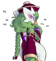 Rule 34 | 1girl, alternate eye color, bare shoulders, blush, breasts, china dress, chinese clothes, colored skin, cowboy shot, creatures (company), detached sleeves, dorianm bc, dress, drooling, female focus, from behind, game freak, gardevoir, gen 3 pokemon, green hair, green skin, half-closed eyes, hand up, happy, hat, hip vent, jiangshi, laughing, medium breasts, medium hair, multicolored skin, nintendo, nose blush, parted lips, pelvic curtain, pokemon, pokemon (creature), purple eyes, qingdai guanmao, red dress, red hat, simple background, smile, solo, standing, two-tone skin, underboob, white background, white skin