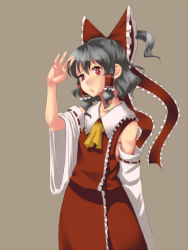 Rule 34 | 1girl, arm up, ascot, black hair, bow, detached sleeves, female focus, hair bow, hair tubes, hakurei reimu, mugishima orie, open mouth, red bow, red eyes, red ribbon, red skirt, ribbon, ribbon-trimmed sleeves, ribbon trim, simple background, skirt, skirt set, sleeveless, solo, touhou, wide sleeves