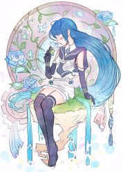 Rule 34 | 10s, 1girl, black thighhighs, blue flower, blue hair, blue rose, elbow gloves, closed eyes, flower, gloves, gradient hair, kantai collection, long hair, multicolored hair, nora (salatto), rose, sailor collar, samidare (kancolle), sitting, skirt, smelling flower, solo, thighhighs, very long hair, water