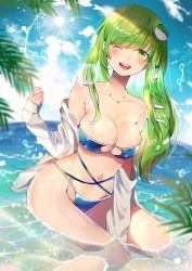 Rule 34 | 1girl, ;d, arm support, bandeau, bare legs, bare shoulders, bikini, blue bikini, blue sky, blush, breasts, cleavage, cloud, commentary request, day, feet out of frame, frog hair ornament, green eyes, green hair, groin, hair ornament, hair tubes, highres, jacket, jewelry, kochiya sanae, large breasts, lens flare, long hair, long sleeves, looking at viewer, navel, necklace, ocean, off shoulder, one eye closed, open clothes, open jacket, open mouth, outdoors, satoupote, sidelocks, sitting, sky, smile, snake hair ornament, solo, star (symbol), star necklace, stomach, strapless, strapless bikini, sun, swimsuit, thighs, touhou, wariza, water, water drop, white jacket