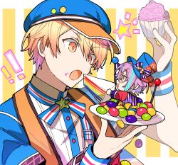 Rule 34 | 2boys, absurdres, blonde hair, blue hair, blue jacket, cabbie hat, cake, cake slice, candy, checkerboard cookie, cookie, cupcake, food, hat, highres, holding, holding food, holding plate, hoshi-toge, jacket, jelly bean, kamishiro rui, mini person, miniboy, multicolored hair, multiple boys, neck ribbon, plate, pop in my heart!! (project sekai), project sekai, purple hair, ribbon, shirt, short sleeves, streaked hair, striped ribbon, tenma tsukasa, top hat, upper body, white shirt, yellow eyes