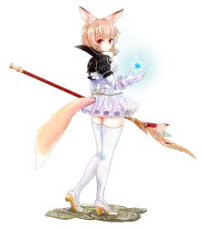 Rule 34 | 1girl, animal ears, brown eyes, brown hair, dress, elin, energy ball, fox ears, from behind, gloves, gymno, looking back, magic, short hair, short twintails, solo, staff, tail, tera online, thighhighs, twintails, weapon, zettai ryouiki