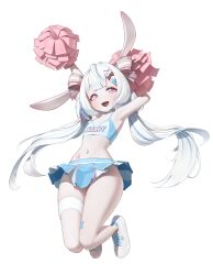 Rule 34 | 1girl, :d, animal ears, arms up, blue hair, cheerleader, commentary, flat chest, full body, hair ornament, hantata, highres, jumping, long hair, multicolored hair, navel, open mouth, pink eyes, pleated skirt, pom pom (cheerleading), rabbit ears, remind, shoes, simple background, skirt, smile, sneakers, solo, sports bra, star sticker, sticker on stomach, stomach, streaked hair, twintails, two-tone hair, virtual youtuber, white background, white footwear, white hair